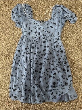 Lulu's Powder Blue Wrap Dress with Black Floral Print